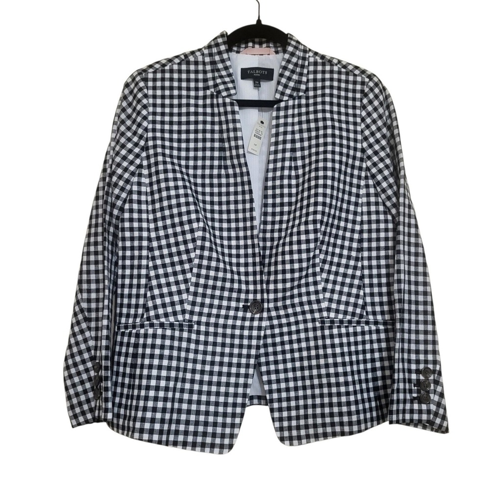Talbots Womens 14P NWT Gingham Linen Blend Blazer Jacket Black White Classic